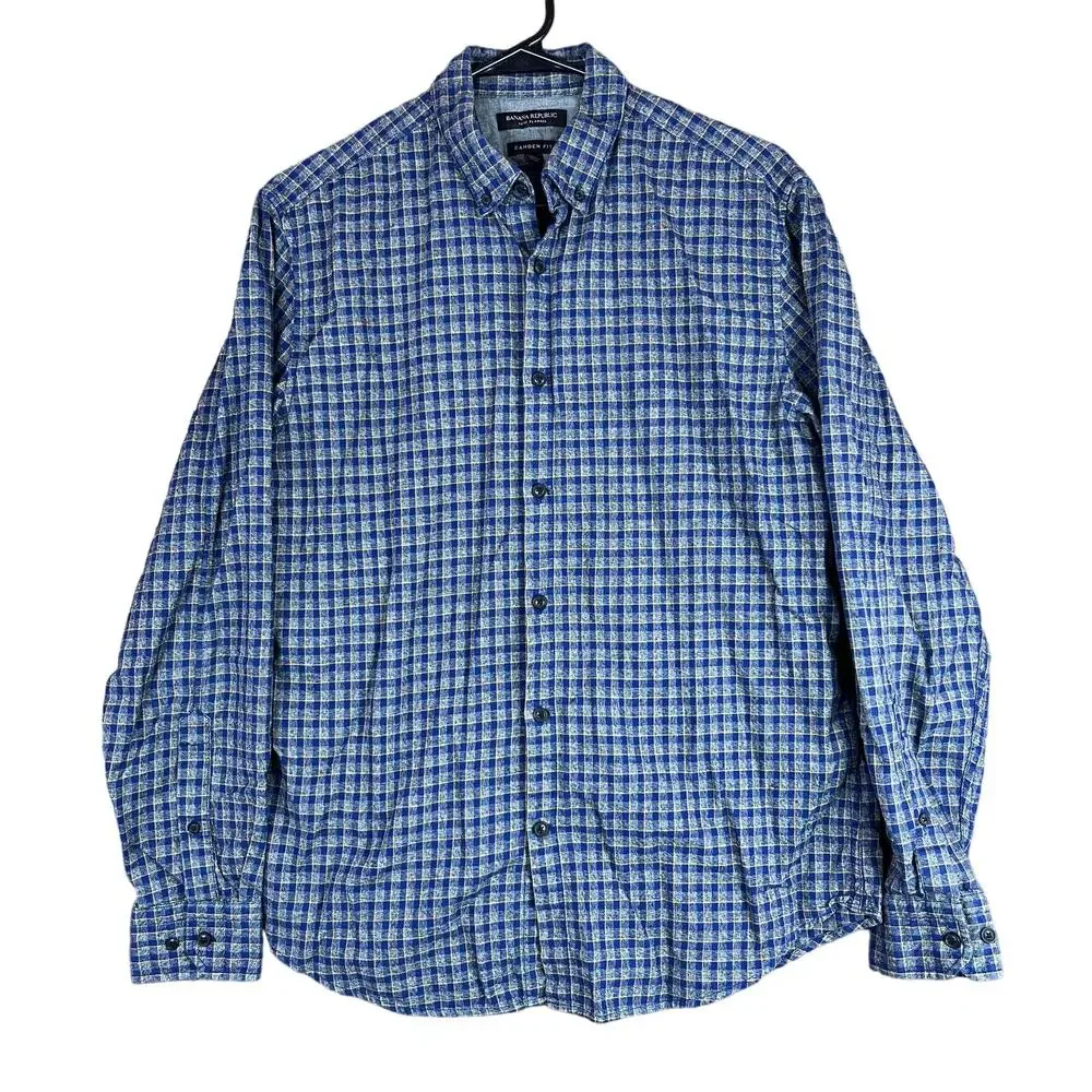 Banana Republic Mens Shirt Blue Yellow Plaid Luxe Flannel Camden Fit Medium